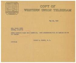 ["The document is a telegram sent on May 26, 1938, to Honorable  Oscar Petty in Hominy, Oklahoma. The sender, Wesley E. Disney, M.C., mentions that they will carefully watch the Osage Bill and carry out Petty's suggestions to the letter. The telegram also reminds patrons to check the class of service desired to avoid being charged for full-rate communication."]