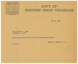 ["The document provides a list of different classes of service for domestic cable telegrams, reminding patrons to specify the desired class or else the message will be transmitted as a full-rate communication. It then includes a telegram sent to Honorable  Charles R. Gray on May 26, 1938, confirming the receipt of his letter dated May 20."]