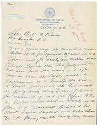 ["The document is from S.A. Rogers to the Department of State in Oklahoma City, inquiring about an unpaid judgement against the Osage Tribe Indian Government. The document questions why the government has not paid the debt, despite spending billions on other things. Rogers expresses frustration at the government's failure to pay its debts and mentions that the Senate is willing to pay, but the House has not passed it. Rogers, a member of the Osage Tribe, is concerned about the government's reliability in paying debts."]