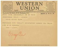 ["The document is a telegram sent to Congressman Wesley E. Disney regarding a conference with Tumilty. The sender suggests following a plan that was previously discussed. The telegram was received in Washington, D.C. on May 20, 1938 at 12:38 PM."]