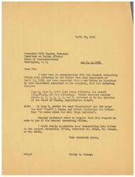 ["Wesley E. Disney wrote a letter to Honorable Will Rogers, Chairman of the Committee on Indian Affairs, regarding changes to be made in a letter from the General Accounting Office. Disney requested specific changes be made to the original letter and asked for Rogers to transmit the revised letter to the General Accounting Office."]