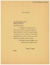 ["The Osage Civilization Fund Bill has been reported favorably by the House Indian Affairs committee and will now be placed on the calendar of the House of Representatives for consideration. Wesley E. Disney, the sender of the letter, expresses his pleasure in informing Chief Fred Lookout of this development."]