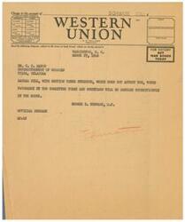 ["The document is a message being sent as a telegram to Dr. C. C. Mason, the superintendent of schools in Tulsa, Oklahoma. The message is informing Dr. Mason that the Lanham Bill, with section three stricken, has been voted favorably by the committee and will likely be handled quickly by the House. The message is signed by George B. Schwabe, M.C."]