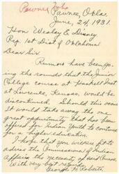 ["The document is expressing concern about rumors that the Junior College course at Haskell Institute in Lawrence, Kansas may be discontinued. The writer believes that this course is a valuable opportunity for Indian youth to continue their education and urges the recipient to advise the Commissioner of Indian Affairs to keep the course. It is signed by George Roberts."]
