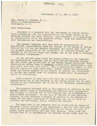 ["The document is a letter to Congressman George B. Schwabe regarding a proposed bill for the settlement of Indian claims and the liquidation of the Indian bureau in Oklahoma. The document criticizes the Indian bureau for collecting money for services not provided to the Oklahoma Indians and proposes a solution to address past injustices. The bill aims to provide justice to the Indians and save taxpayer money through the creation of a claims commission. The document requests the Congressman's consideration of the proposed bill."]