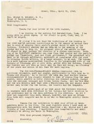 ["The writer is thanking Congressman George B. Schwabe for his letter and discussing the issue of the party's pledge to the Indians. The writer expresses doubts about the effectiveness of a claims commission and advocates for a settlement or compromise to bring an end to Indian affairs. The writer criticizes the Collier-Thomas-Stigler claims commission idea as political chicanery and suggests that Republicans should come up with a better solution for the Indians. The writer mentions conducting research on Indian affairs and plans to complete it before heading to Washington. The writer appreciates the invitation to use the Congressman's office as headquarters while in the city."]