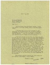 ["The document is a letter dated April 14, 1945 from George B. Schwabe to Mr. O.K. Chandler. Schwabe expresses concern for Chandler's upcoming eye operation and hopes for its success. He also mentions his interest in Chandler's plans regarding the Republican Party's pledges to Native Americans and requests that Chandler share his views with him either in person or in writing. Schwabe concludes the letter with well wishes for Chandler's health."]
