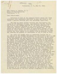 ["The document is a letter to Congressman George B. Schwabe regarding a proposed Indian claims and final settlement bill. The bill aims to settle the claims of Oklahoma Indians for damages resulting from various injustices committed against them. It outlines the distribution of lands, moneys, and properties to individual Indians or their heirs. The bill also justifies a cash outlay of $240,000,000 for the settlement. The document urges Congressman Schwabe to sponsor and introduce the bill in Congress, highlighting the benefits for both the Indians and taxpayers."]