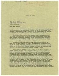 ["Mrs. M. D. Myrick sent a letter to Congressman W. G. Stigler regarding proposed bills concerning the Ohio Royal Shawnee Indians and the Black Bob Band. The document was then referred to Congressman George B. Schwabe, who is a member of the House Committee on Indian Affairs. Schwabe informed Mrs. Myrick that the committee is currently conducting hearings on proposed measures relating to Indian claims and suggested that it would be more appropriate to establish an Indian Claims Commission rather than giving jurisdiction to the U. S. Court of Claims. Schwabe stated that he is unable to pass an act authorizing the Court of Claims to assume jurisdiction of the claims at this time, especially since a bill seeking to establish an Indian Claims Commission is pending. He offered to keep Mrs. Myrick's papers unless she wanted them returned."]