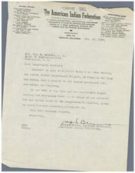 ["The document lists the national officers and administrative board members of the American Indian Federation, a non-partisan educational organization aiming to achieve fairness and economic justice in the settlement between Indians and the Federal Government. The document enclosed expresses opposition to a claims commission bill before Congress, stating that it does not provide any chance of recovery for Indian tribes in the congressmen's districts."]