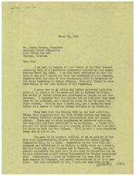 ["Mr. Joseph Bruner, President of the American Indian Federation, wrote a letter to Congressman George B. Schwabe expressing the Federation's disagreement with the Indian Claims Commission Bill introduced by Representative Stigler. The Federation believes the bill does not fulfill the Republican party's national platform pledges of 1940 and 1944 regarding Indian claims. They urge Congressman Schwabe to introduce a bill that will lead to an immediate settlement of all Indian claims. Congressman Schwabe responds, expressing his willingness to work with the Indian leaders to determine the best course of action and requesting their input on what kind of bill they would like to see introduced. He also invites them to meet with him in person to discuss the issue further."]