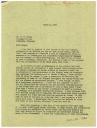 ["In the letter dated March 6, 1945, Mr. George B. Schwabe discusses his intention to introduce a bill in Congress to create a commission to investigate the individual competency of Native Americans and the removal of their restrictions. He believes that many intelligent Native Americans are capable of handling their own affairs and should no longer be considered restricted by the government. However, he also recognizes the need for a competency board to assess the qualifications of individual Native Americans before removing restrictions. He suggests that members of the commission should be selected from the tribes themselves and that the findings of the commission should be final, with the Secretary of the Interior issuing orders based on their determinations. Mr. Schwabe seeks input and suggestions from Mr. F. W. Files, an attorney with experience working with Native Americans, on the proposed bill."]