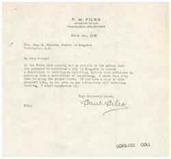 ["The author, F. W. Files, is writing to Honorable  Geo. B. Schwabe in Washington, D.C. to inquire about a proposed bill to create a Commission to investigate individual Indians for granting them a certificate of competency. Files expresses support for the idea and asks for more information on the bill."]