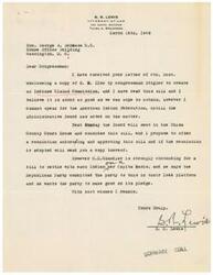 ["The document from S.R. Lewis to Congressman George B. Schwabe discusses the Indian Claims Commission bill proposed by Congressman Stigler. Lewis expresses support for the bill but also mentions concerns about another proposed bill that could potentially harm Indian tribes. He plans to offer a resolution endorsing the Stigler bill at an upcoming meeting and requests a meeting with Congressman Schwabe to discuss the issue further."]