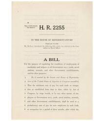["The document is a bill introduced in the 79th Congress, 1st Session by Mr. De Lacy. The bill aims to regulate the conditions of employment of mechanics and helpers at Government navy yards, naval stations, arsenals, and other Government establishments. It outlines provisions for minimum rates of pay, probationary periods, advancement in pay, reemployment of discharged employees, and seniority in case of workforce reductions. The bill also allows for transfers of employees to other Government establishments at no cost to the Government."]
