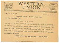 ["The document is a telegram from the President of the Oklahoma Farmers Union to Congressman Geo B Schwabe urging him to continue negotiations between International Harvester and the union. The sender requests that the dispute be settled based on the recommendations of a fact-finding committee and asks for the resumption of production of farm machinery due to the urgent need for equipment. The sender also indicates that the company welcomes suggestions from its customers regarding its service."]
