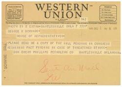 ["The document provides information about the symbols used in Western Union telegrams and cables, including DL for Day Letter, NL for Night Letter, LC for Deferred Cable, and NLT for Cable Night Letter. It also mentions that the filing time and receipt time on telegrams and day letters are in standard time. The telegram is a request for a copy of a pending bill in Congress regarding fact-finding in the case of a threatened strike. The sender is Don Emery from Phillips Petroleum Co in Bartlesville, Oklahoma. The document also mentions that suggestions from patrons concerning the company's service are appreciated."]