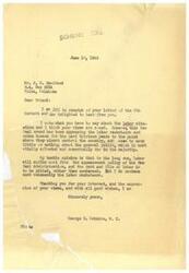 ["George B. Schwabe expresses his concerns about the labor situation in a letter to Mr. J. H. Swofford. He criticizes the New Deal Administration for appeasing labor racketeers and union bosses, believing that labor will ultimately suffer as a result. Schwabe also discusses the need to curb certain practices within organized labor, such as prohibiting employers from deducting dues from paychecks and canceling essential services during strikes. He expresses his support for those who want to work and condemns labor racketeers."]