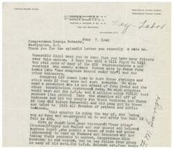 ["The document is a letter written to Congressman George Schwabe in 1946, expressing support for his efforts against communism and calling for the removal of government regulations and control. The writer also criticizes unions and advocates for more freedom in business and agriculture. The document mentions concerns about the influence of reds (communists) in government and the need for a president who is not afraid to stand up to them. The writer also expresses disappointment in Congressman Mike Monroney for his actions."]