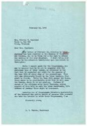 ["The document is a response to Mrs. Clinton M. Copeland's concerns about labor strikes. The secretary assures her that Congressman Schwabe is not in favor of racketeer labor leaders and has supported legislation to curb their activities. The secretary encourages citizens to write to their Senators urging support for the Case Bill, which aims to curb labor racketeers. The document ends with appreciation for Mrs. Copeland's public spirit in writing to her Congressman."]