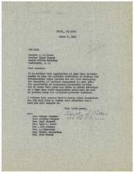 ["The document expresses concern about the unlawful activities of radical labor leaders that are hindering business management from creating jobs. The writer believes that supporting Senator Byrd's Senate Joint Resolution No. 133 will help address this issue and promote post-war prosperity. The document is addressed to Senators Moore and Thomas, and copies are sent to various other officials."]