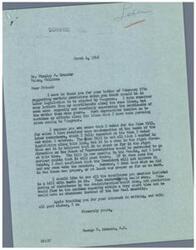 ["The document is a letter from Stanley A. Brander to George B. Schwabe, a member of Congress, expressing support for legislation that would create a sound national labor policy. Brander emphasizes the need for equal responsibility for employers and unions, rules for collective bargaining free from coercion and violence, safeguards against strikes, and assurance of fair labor peace. Schwabe responds, thanking Brander for his support and explaining his vote for the Base Bill, which is a step towards addressing labor racketeering. Schwabe expresses confidence in the bill passing the Senate and potentially being approved by the President. He also agrees with Brander's suggestions for including provisions to stop racketeering in future legislation."]