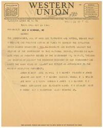 ["The document is a telegram demanding immediate action to correct the situation of organized labor dominating and dictating against the welfare of the government. The signatories believe that strikes or walkouts from industries seized by the government are treason and conspiracy against economic recovery. They emphasize the importance of addressing the current emergency and urge for swift action."]