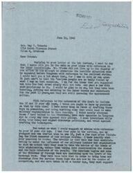 ["The document consists of two letters discussing labor legislation and the draft of 18 and 19-year-old boys. The sender agrees with the recipient's ideas on labor legislation and criticizes Truman's approach to the railroad strike. They also express opposition to drafting young boys in peacetime and suggest that the American Legion and Veterans of Foreign Wars are influencing the New Deal administration. The recipient asks for advice on what to do about her 18-year-old son in relation to the draft."]