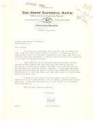 ["R.L. Crutcher, president of the First National Bank of McAlester, Oklahoma, writes to Congressman George B. Schwabe about the concerns of returning soldiers regarding labor unions and strikers. He emphasizes the need for Congress to take action to prevent excessive wage increases that could lead to inflation and financial difficulties for the soldiers. Crutcher warns of a growing storm of discontent among the people and hopes his input will be considered in addressing this important issue."]