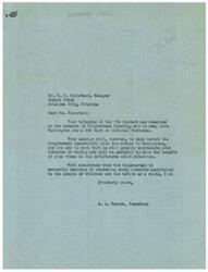 ["Mr. Robertson sent a telegram to Congressman Schwabe expressing the need for laws to enforce contracts between employers and unions, and for jurisdictional quarrels to be outlawed. He also suggested that wage adjustments should be settled by arbitration for the benefit of the public interest. Congressman Schwabe's secretary, A. L. Warren, responded saying the message will be relayed to the Congressman upon his return to Washington."]