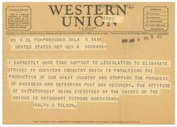 ["The document is a telegram urging support for legislation to eliminate strikes in American industry, which is seen as paralyzing production and hindering post-war recovery. It criticizes the attitude of dictatorship by union leaders and asks for support."]