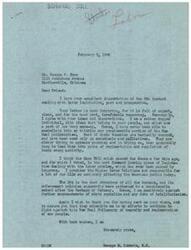 ["The document is a letter exchange between Mr. George P. Bunn and Mr. George B. Schwabe discussing labor legislation and the New Deal philosophy. Both express concerns about the current state of labor laws and the influence of labor unions in the country. Bunn suggests abolishing the Wagner Act and implementing new legislation to hold labor unions accountable for their actions. Schwabe agrees with Bunn's views and expresses his support for the Case Bill. Both believe in the importance of maintaining democracy and preventing the country from moving towards communism."]