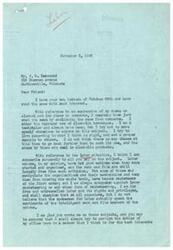 ["The document from George B. Schwabe addresses the topics of alcohol in commerce and labor unions. Schwabe expresses his abhorrence for the improper use of alcohol and states that he is a teetotaler. He also criticizes labor racketeering and expresses support for free and untrammeled labor rights. The document also includes a response from J.R. DeArmond, who praises Schwabe for his stance on alcohol and labor issues and expresses his hope for further support on these matters."]