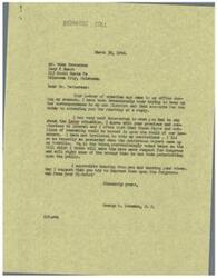 ["The document is from Moss Patterson, owner of Lazy S Ranch, to Congressman George B. Schwabe discussing issues with labor unions in the bus transportation industry. Patterson expresses concern over unions demanding pay increases and not honoring contracts, and suggests that legislation should hold unions accountable. He also mentions a recent strike in Oklahoma City and criticizes Petrillo, head of the music union. Congressman Schwabe responds, agreeing with Patterson's views and mentioning recent legislation he supported to address similar issues. Schwabe encourages Patterson to communicate his concerns to their local congressman."]