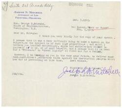 ["The author is thanking Honorable  George B. Schwabe for a copy of his speech on the subject of \"Work or What?\" The author acknowledges the difficulty of the subject and the speech, and hopes that Schwabe will deliver more effective blows against the prevailing destruction program in the future."]