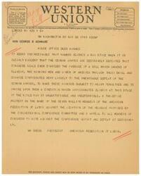 ["The document is a telegram expressing strong opposition to a bill that is seen as unjust and resembling slavery, particularly in the context of the defeat of the German armies during World War II. It urges Congress to vote against the proposed measure and is signed by the President of the American Federation of Labor. The document also mentions the quick and safe way to send money is by telegraph or cable."]