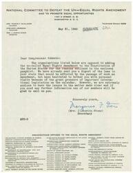 ["The document is a letter from the National Committee to Defeat the Un=Equal Rights Amendment and to Promote Equal Opportunities, listing organizations opposed to adding the Equal Rights Amendment to the Constitution of the United States. The document expresses a desire to clarify the issues surrounding the Amendment and offers further information if needed."]