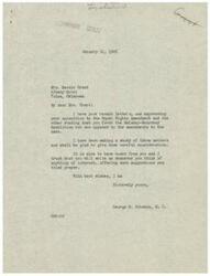 ["Congressman George Schwabe received letters from Mrs. Bessie Grant expressing her opposition to the Equal Rights Amendment but favoring the Maloney-Monroney Resolution. He acknowledges her letters and promises to carefully consider her views, encouraging her to continue writing with any suggestions. Mrs. Grant reiterates her opposition to the Equal Rights Amendment in her letter."]