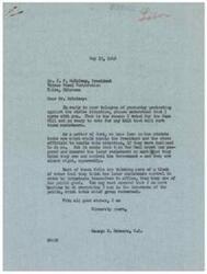 ["The document is a letter from Congressman George B. Schwabe agreeing with the recipient's protest against labor strikes and expressing a desire to pass legislation to curb labor racketeers. The recipient, Vulcan Steel Corporation, requests Schwabe's cooperation in passing legislation to address the current labor strike situation and ensure management's rights are protected. The company also asks Schwabe to focus on saving the country from the current state of affairs."]