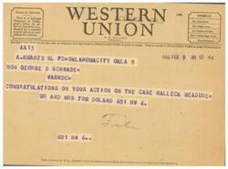 ["The document provides information on the symbols used for different classes of service for telegrams and cables, such as DL for Day Letter and NL for Night Letter. It also includes the filing time and standard time for telegrams and day letters. Additionally, it includes a congratulatory message to Honorable  George D Schwabe regarding his action on the Halleck measure."]