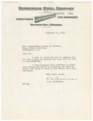 ["The document is a letter dated February 21, 1946, from R.I. Robberson of Robberson Steel Company to Congressman George G. Schwabe, thanking him for passing the Case bill and commending his leadership in upholding democracy."]