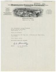 ["The Bartlett-Collins Company, a manufacturer of high-class table glassware, lamps, etc. in crystal and colors, wrote a letter to George Schwabe thanking him for his vote on the Case Bill, H.R. 5262. The document was signed by D.C. Hamilton, the Vice President of the company."]