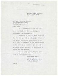 ["The document is addressed to Honorable  George B. Schwabe, thanking him for his vote on the Case Bill and for maintaining good government. The writer expresses gratitude for Schwabe's efforts in keeping the country free and expresses confidence in his leadership for future generations."]