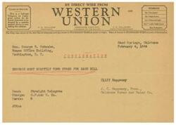 ["A telegram from Sand Springs, Oklahoma to Honorable  George B. Schwabe in Washington, D.C. expresses confirmation and endorsement of his support for the case bill. The telegram is sent by Cliff Halpenny, President of Oklahoma Power and Water Co. and charges the company for 8 words."]