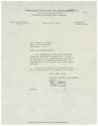 ["The Princess Elkhorn Sales Company, exclusive sales agents for Princess Elkhorn Coal Company, sent a letter to Congressman Schwabe thanking him for supporting the Case Bill. They believe the legislation is desired by the American people and hope the Senate will also support it. The document is signed by the Manager of Sales."]
