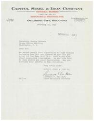 ["Capitol Steel & Iron Company, a structural engineering and fabrication company in Oklahoma City, expresses gratitude to Honorable George Schwabe for voting in favor of the Case Bill (H.R. 5262) along with other Congressmen. They believe this legislation is much needed and commend his efforts in this direction. The document is signed by Lawrence V. Van Horn, the Labor Relations Director of the company."]