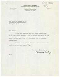 ["The document is a letter from Lashley & Rambo, Attorneys at Law, requesting Honorable  George B. Schwabe to forward a copy of the Case Bill and Bills introduced into the Senate by Senator Moore to their office in Tulsa, Oklahoma. The document is signed by Edmund Lashley and dated February 8, 1946."]