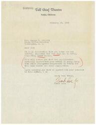 ["The document is from Frank Love of the Tall L Chief Theatre in Fairfax, Oklahoma to Honorable  George W. Schwabe in Washington, D.C. thanking him for voting for and supporting the Case Bill regulating labor unions. Love expresses appreciation for Schwabe's action and commends him for his courage in voting for the legislation."]