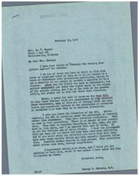 ["The document is from George B. Schwabe, a congressman, responding to Mrs. Joe F. Morrow's protest against strikes. Schwabe believes that strikes are led by labor racketeers with un-American principles and voted for the Case Bill to stop them. He also opposes the OPA and believes in full production to prevent scarcity and high prices. Mrs. Morrow is in favor of the OPA and wants the agriculture department programs restored."]