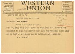 ["The document includes information about different symbols used in telegrams, the classification of service types, and the importance of passing a bill to curb the power of labor leaders. The telegram urges action to prevent the rise of communism."]
